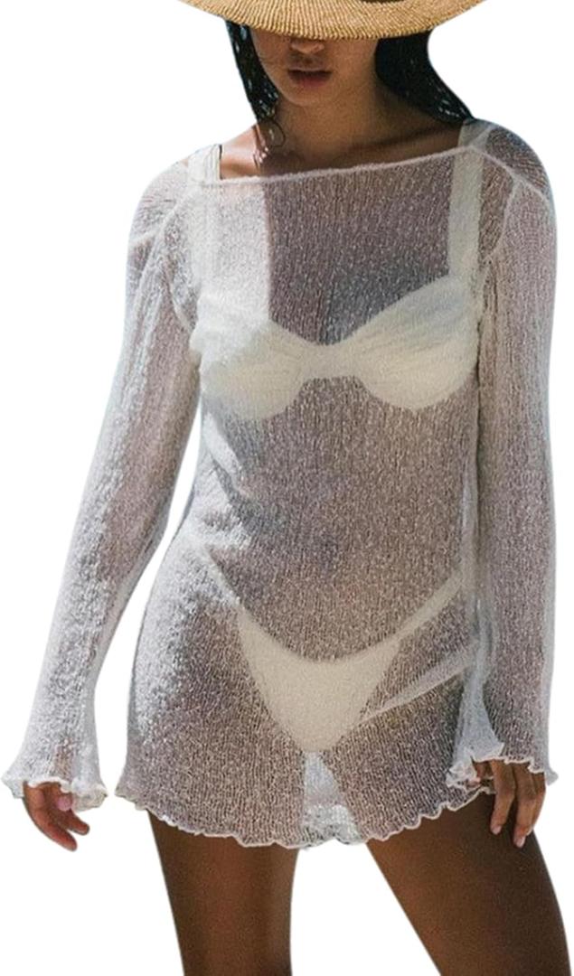 Sexy Beach Relaxed Backless Sheer Bikini Swimwear Cover Up 1 Piece (XX-Small, White)