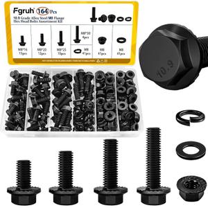 164PCS M8 Flange Head Bolt Assortment Kit,M8-1.25 x 16/20/25/30 mm Metric Flange Hex Bolts Nuts Washers Assorted,10.9 Black Zinc Galvanized