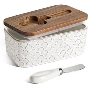 LE TAUCI Butter Dish with Lid for Countertop, Ceramic Butter Container with Acacia Wood lid, Knife, and Airtight Cover, Farmhouse Decor  Set of 1, Arctic White, Fireworks Design