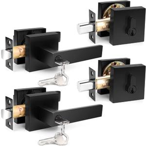 Probrico Square Entry Levers and Single Cylinder Deadbolts Combo Pack, Flat Black Keyed Alike Heavy Duty Keyed Entry Handles Locksets Reversible for Right and Left Side, 2 Pack(All Same Keys)