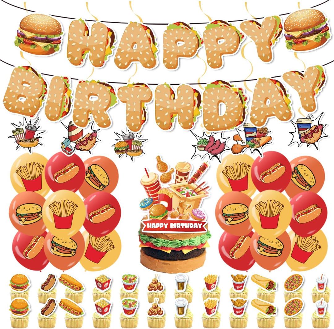Hamburger Birthday Decoration Set, Cute Food Happy Birthday Banner, Party Supplies with Banner, Hanging Swirl, Balloon, Cake Topper, Cupcake Topper