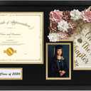 14x26 Black Shadow Box Diploma Frame with Graduation Cap & Tassel Holder for 8.5x11 Diploma and 4x6 Photo with MDF Wood and Plexiglass, Black Over Gold Mat for Wall, Graduation Keepsakes
