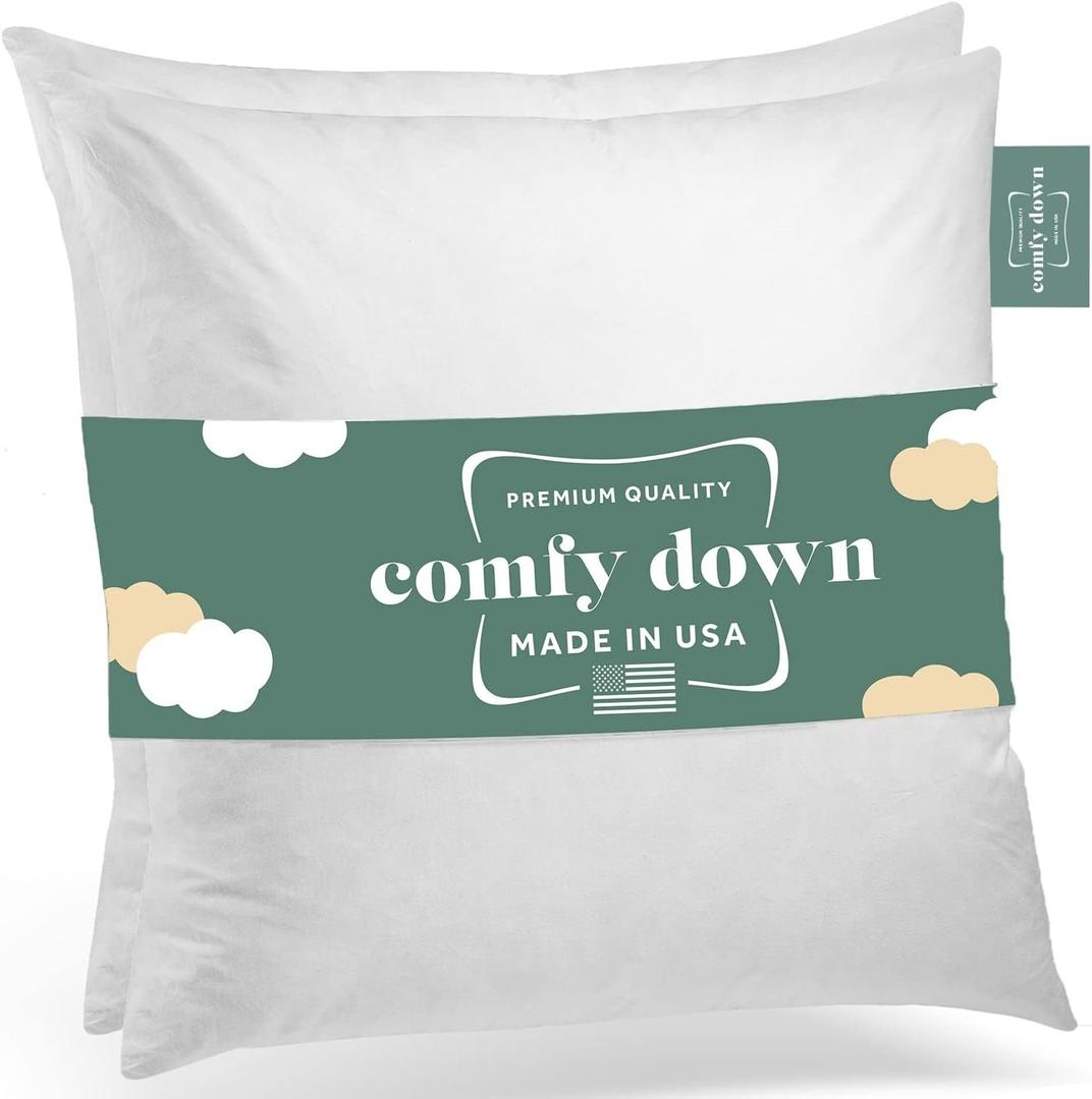 ComfyDown Set of Two 22X22 Decorative Throw Pillow Insert, Down and Feathers Fill, 100% Cotton Cover 233 Thread Count, Square Pillow Insert - Made in USA (White)