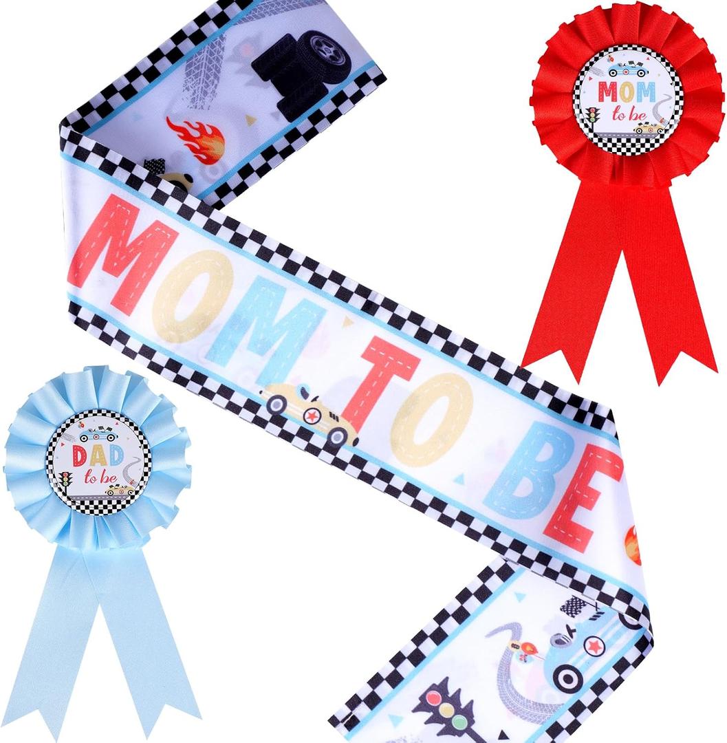 Vintage Racing Car Mom and Dad to Be Corsage Pin Set - Baby Shower Favors Include Race Maternity Sash for Pregnancy Photo Props and Photography