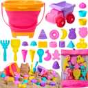 Sloosh Beach Sand Toys Set - Pink Dump Truck Car Toy with Sand Molds, Collapsible Buckets Mesh Bag Shovels Castle Ice Cream Mold for Ages Kids Toddlers Sandbox Toys Gifts Travel Vacation (Foods)