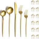 Evanda Gold Silverware Set 60 Piece Service for 12, Titanium Gold Plated Stainless Steel Flatware Set, Knives Forks Spoons Cutlery Set for Wedding, Parties, Birthday, Restauroom, Dishwasher Safe