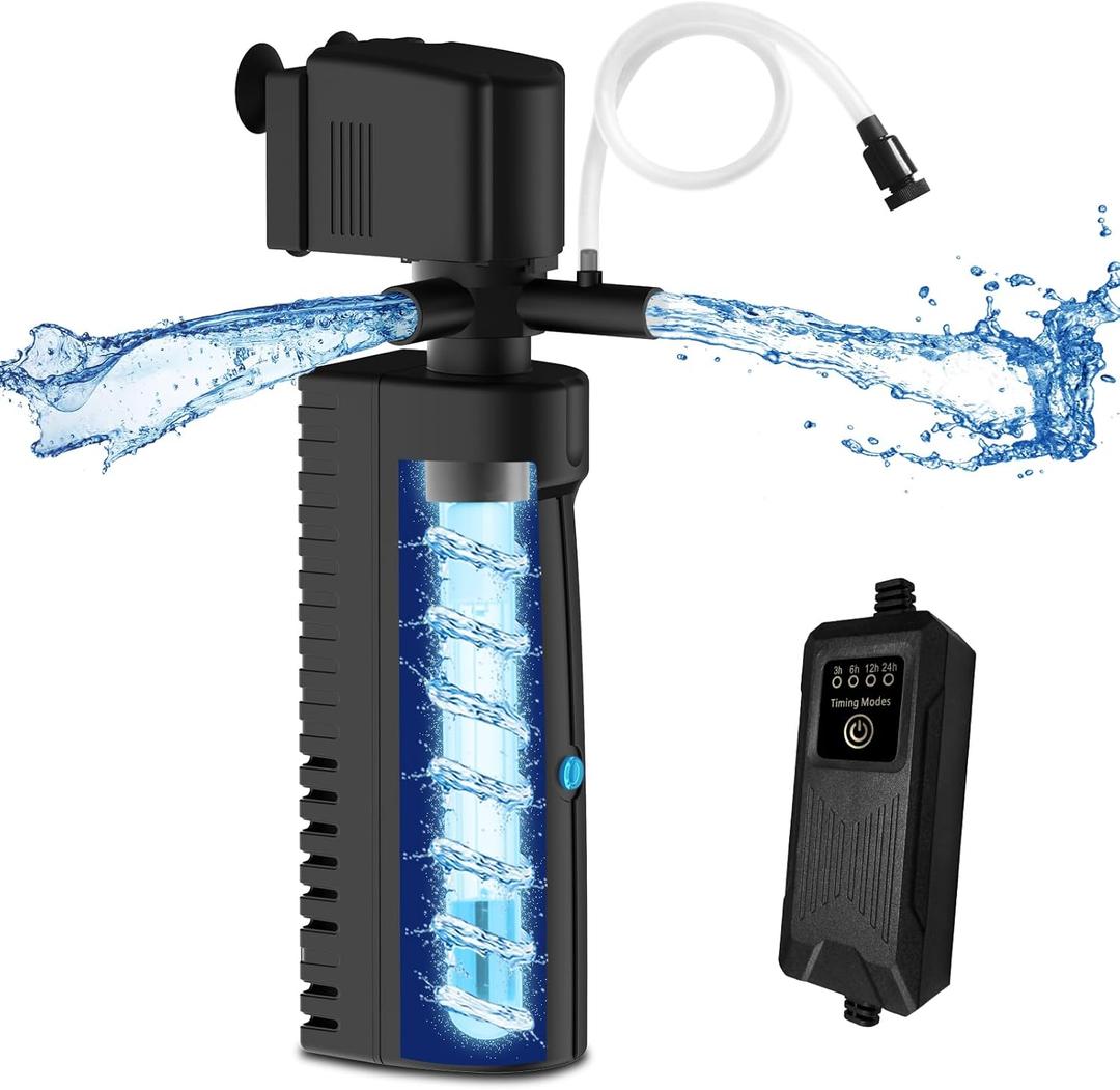 Aquarium Filter for 70-100 Gallon Tank, U-V Fish Tank Green Clean Machine, 300GPH Submersible Powerful Pump Filter for Turtle Tank & Small Pond, Large Internal Tank Filter with Timer