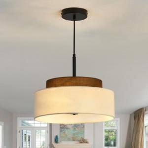3-Light Farmhouse Pendant Light Fixture 2-Tier Drum Pendant Lighting with Fabric Shade 13inch Rustic Hanging Chandelier for Living Room Kitchen Dining Room Bedroom Entryway, 12.99inch