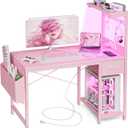 Grandder Gaming Desk 40 Inch with Power Outlet and LED Light, Computer Desk with Reversible Shelves and Storage Drawer, Pc Small Desk for Home Office Table with Bag, Carbon Fiber Pink
