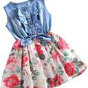 Csbks Girls Summer Sleeveless Floral Denim Dress Toddler Bow Casual Sundress (White, 160)