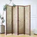 4 Panel Bamboo Room Divider for Room Separation, 5.6 ft Tall Double-Sided Folding Privacy Screen with Premium Thickened Wood Frame, White Plum and Birds (67" H x 63" W)