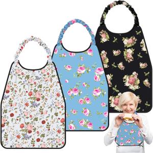 Shihanee 3 Pcs Adult Bibs for Women Adjustable Neck Closure Bibs Waterproof Clothing Protector with Crumb Catcher (Floral 2)