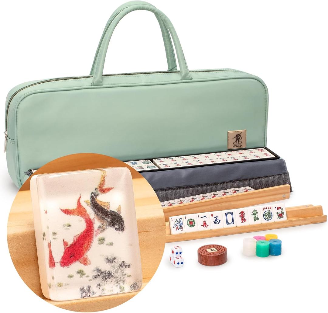 Yellow Mountain Imports American Mahjong Set, Celadon Koi with Mint Green Fabric Case - Four Wooden All-in-One Racks with Pushers, Wright Patterson Scoring Coins, Dice, and Wind Indicator, Medium