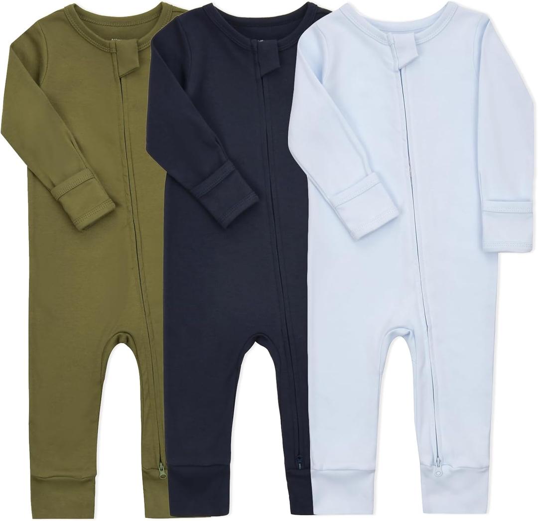Aablexema Baby Cotton Fooltess Pajamas with Mitten, 3-pack Infant Romper Zip Up One Piece Jumpsuits Outfit (6-12 Months, Navy& Olive& Light Blue)