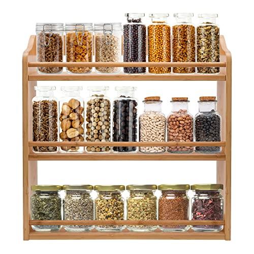 FoverOne 3 Tier Bamboo Spice Rack, Seasoning Jars Rack Shelf Spice Organizer for Kitchen Counter or Wall Mounting