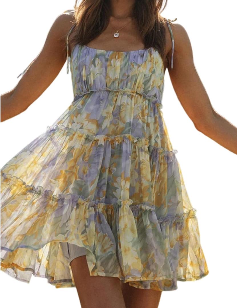 Gihuo Womens Floral Mini Dress Boho Flowy Skater Spaghetti Strap Ruffle Sleeveless Beach Dress 2026 Summer Sundresses (S)