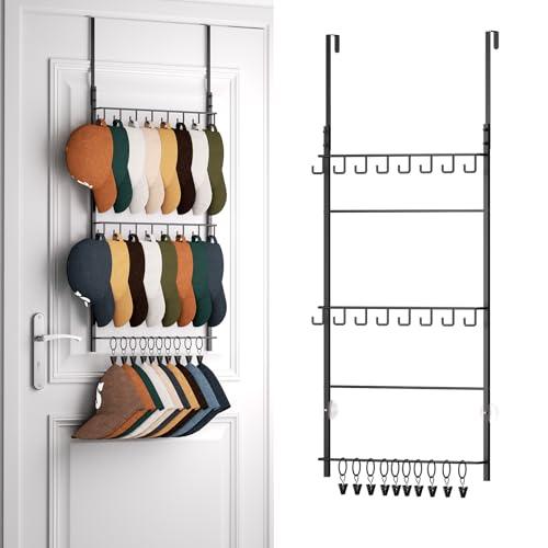 HapiRm Over Door Hat Rack - 3 Tier Wall Mounted Hat Organizer with 16 Hooks and 10 Movable Clips, Baseball Cap Organizer Storage Holds up to 26 Caps for Door, Bedroom, Closet USPTO Patent Pending