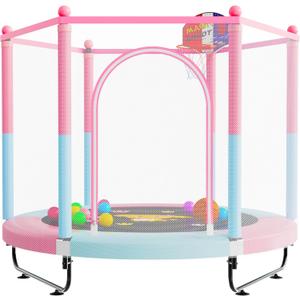 VGMiu 60" Trampoline for Kids, 5 FT Indoor & Outdoor Toddler Baby Trampoline with Basketball Hoop, Safety Enclosure, Birthday Gifts for Kids, Gifts for Boy and Girl, Age 3-8 (Pink/Blue)