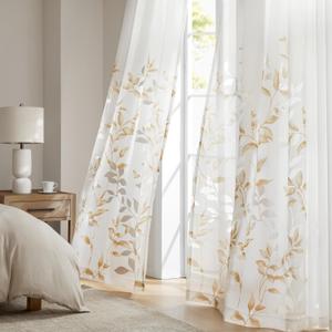 Madison Park Cecily Semi Sheer SINGLE Panel Window Curtain Burnout Botanical Print, Easy To Hang, Fits up to 1.25" Diameter Rod, 50" x 95", Leaves Yellow