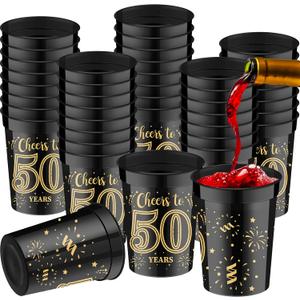 40 Pack 50th Birthday Cups Cheers to 50 Years Birthday Party Cups Gold and Black Plastic Stadium for Decorations Party Favors Men Women Wedding Anniversary Supplies