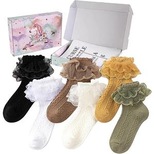 Baby Girls Socks Black and White Turn Cuff Lace Bow Ruffle Socks for Kids and Infants Toddlers (0-6 Months)