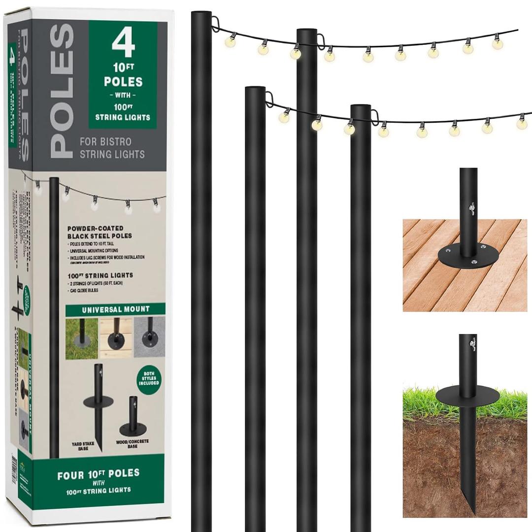 EXCELLO GLOBAL PRODUCTS Bistro String Light Poles - 4 Pack - Extends to 10 Feet - Universal Mounting Options Included with 100 ft. of G40 LED Lights (100 Lights)
