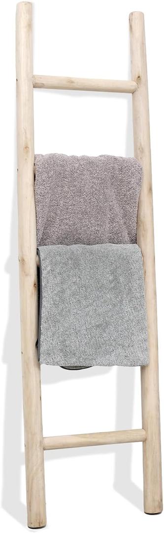 FUIN 57in Wood Blanket Ladder Living Room Decorative Wall Leaning Farmhouse Quilt Display Holder Rustic Wooden Towel Rack for Bathroom, Unfinished (57in | Knock Down, Natural)