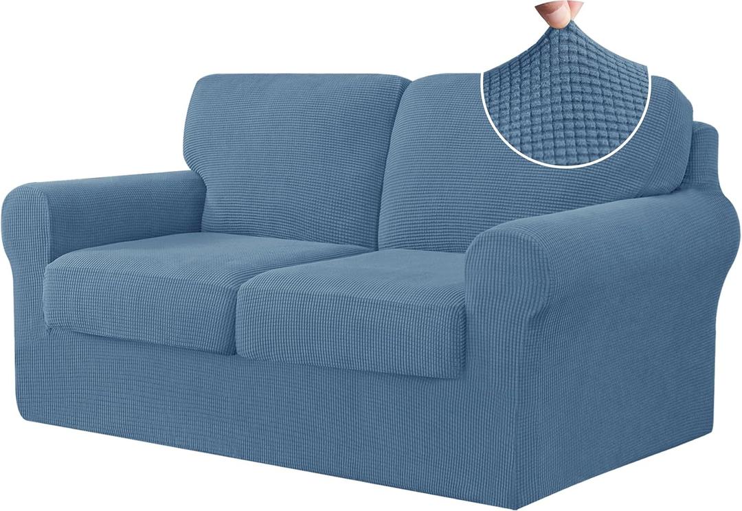 CHUN YI 5 Piece Stretch Loveseat Sofa Cover, 2 Seater Couch Slipcover with Two Separate Backrests and Cushions with Elastic Band, Checks Spandex Jacquard Fabric(Medium,Denim Blue)