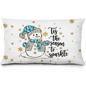 Blue and Gold Christmas Snowman Pillow Covers 12x20, Winter Home Decor, Tis The Season to Sparkle Snowflake Snowman Christmas Lumbar Throw Pillow Covers for Home Bedroom Living Room (Leopard-patterned Snowman)