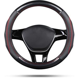 Ergocar Sport Carbon Fiber & First Layer Cowhide Car Steering Wheel Cover Non-Slip Car Steering Wheel Protector Universal for Diameter 38cm(15") (Black-red)