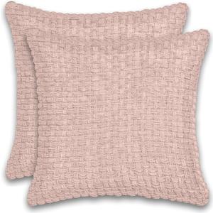 Set of 2 Soft Chenille Basket Weave Pillow Covers Luxury Style Cushion Case Pillow Shell for Sofa Bedroom Square 18x18 (Blush Pink)