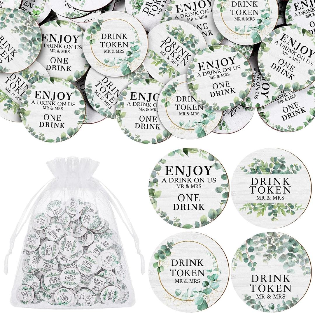 200 Pcs Wooden Wedding Drink Tokens Bulk Eucalyptus Free Drink Tickets with Organza Bags Enjoy Personalised Mr and Mrs Tokens for Wedding Guest Reception Bridal Shower Party(Classical)