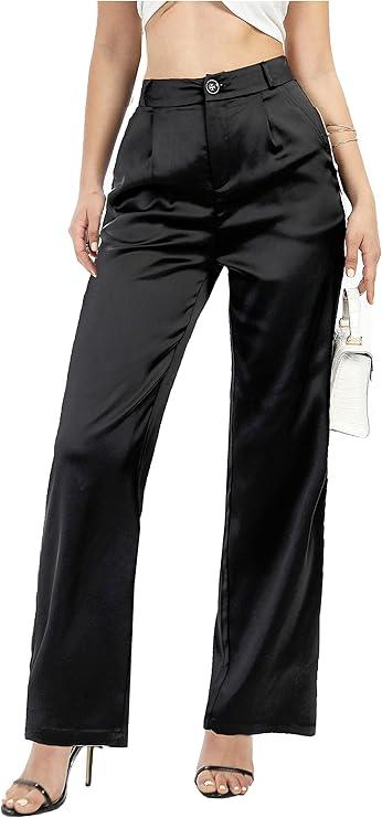 Heipeiwa Women's Wide Leg Wedding Party Satin Casual Dress Nightout Pants Long Trouser, XL Size