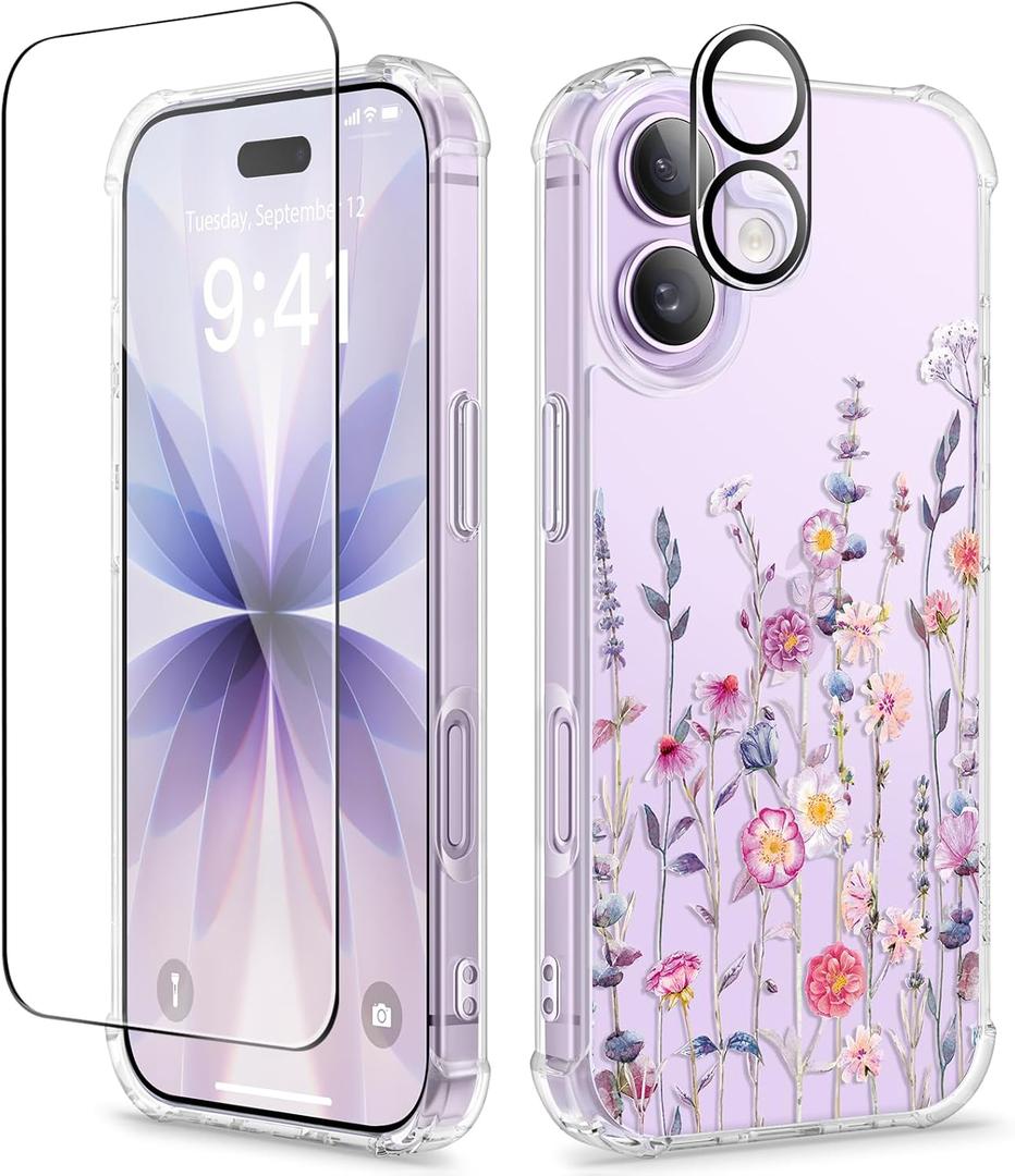 GVIEWIN for iPhone 17 Case, with Screen Protector+Camera Lens Protector, [NonYellowing] Clear Floral Slim Shockproof Protective Hard PC Back Women Phone Case for iPhone 17 6.3", Floratopia/Colorful