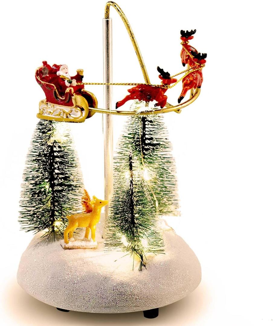 innodept12 Christmas Snow Village Animated Flaming Sleigh Accessory Figurine, Lights Musical Christmas Santa Sleigh Vacation Decorations, Multicolor