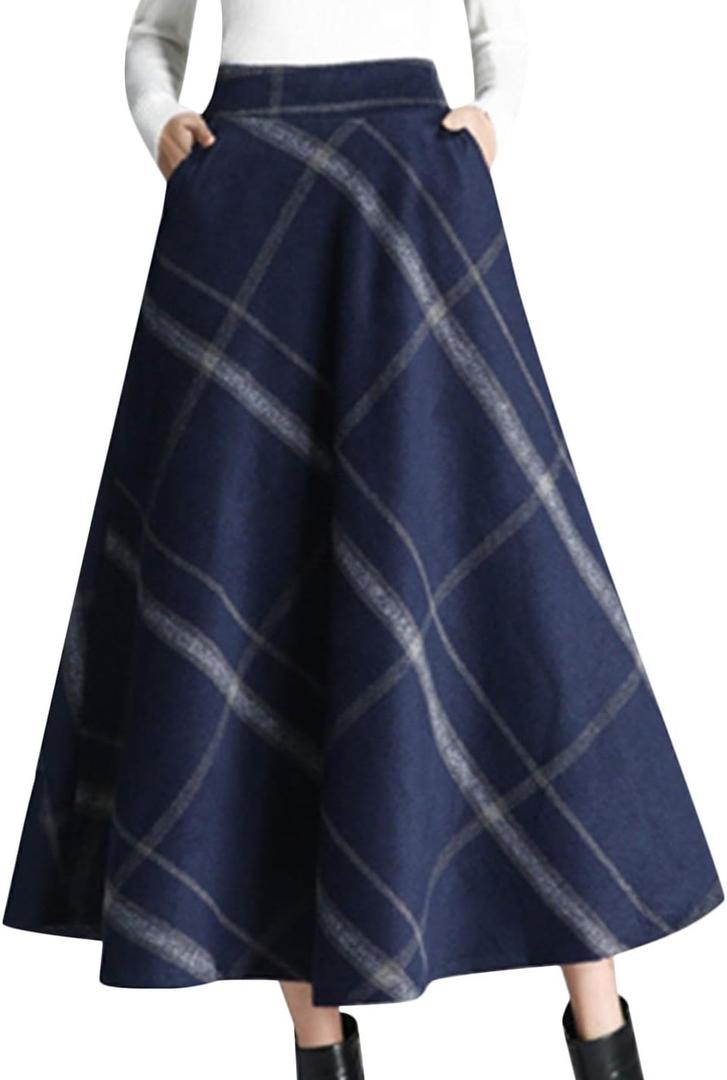 Tanming Women's Winter Warm Elastic Waist Wool Plaid A-Line Pleated Long Skirt