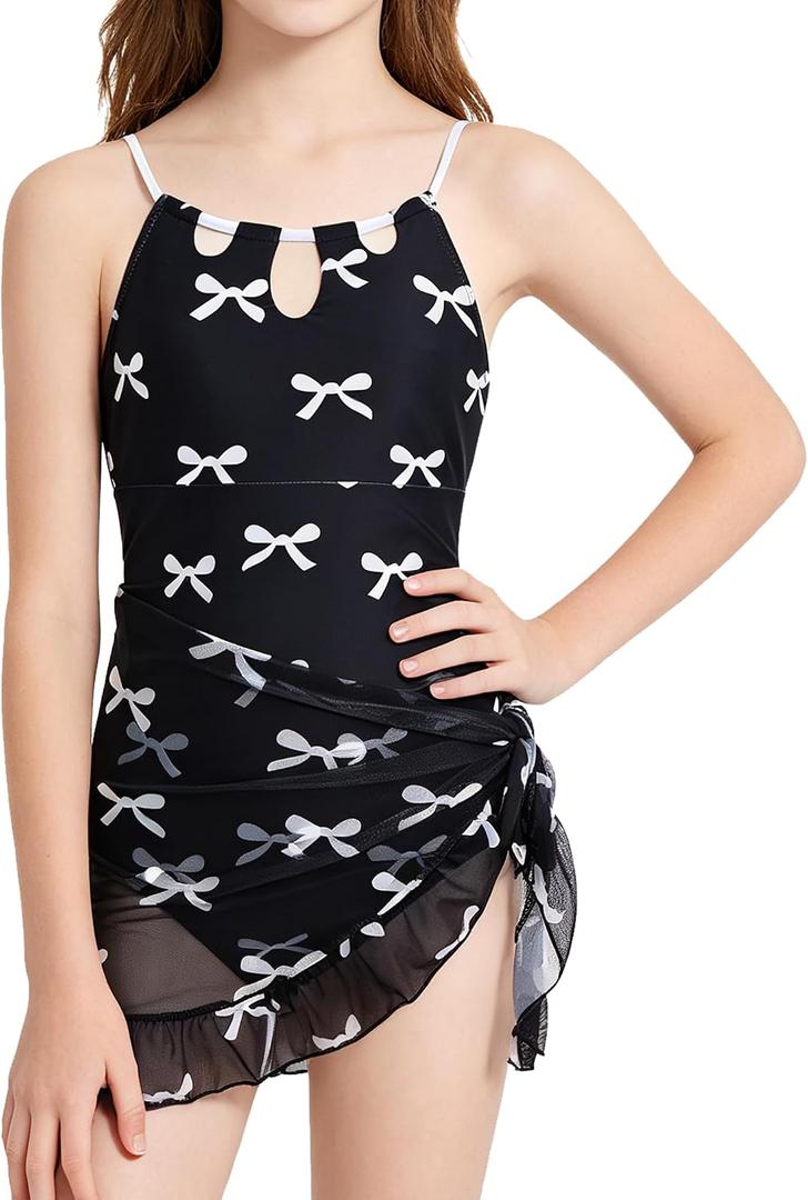 ODASDO Girls Swimsuit One Piece Bathing Suit with Cover Up Skirt for 8-12Y