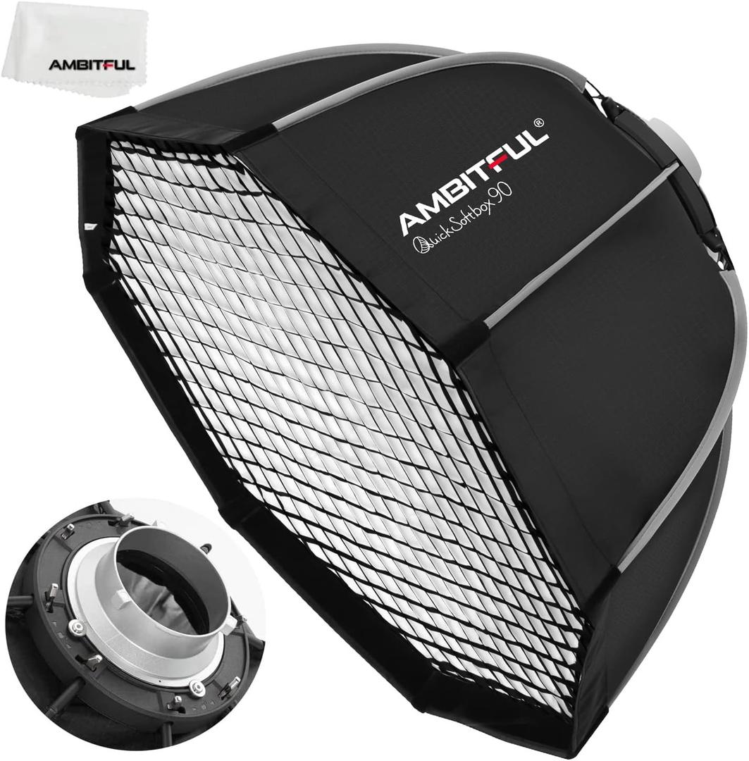 AMBITFUL Bowens Mount Softbox Quick Installation Softbox + Honeycomb Grid for Studio Strobe Outdoor Photography (35.4'' / 90cm Octagon)