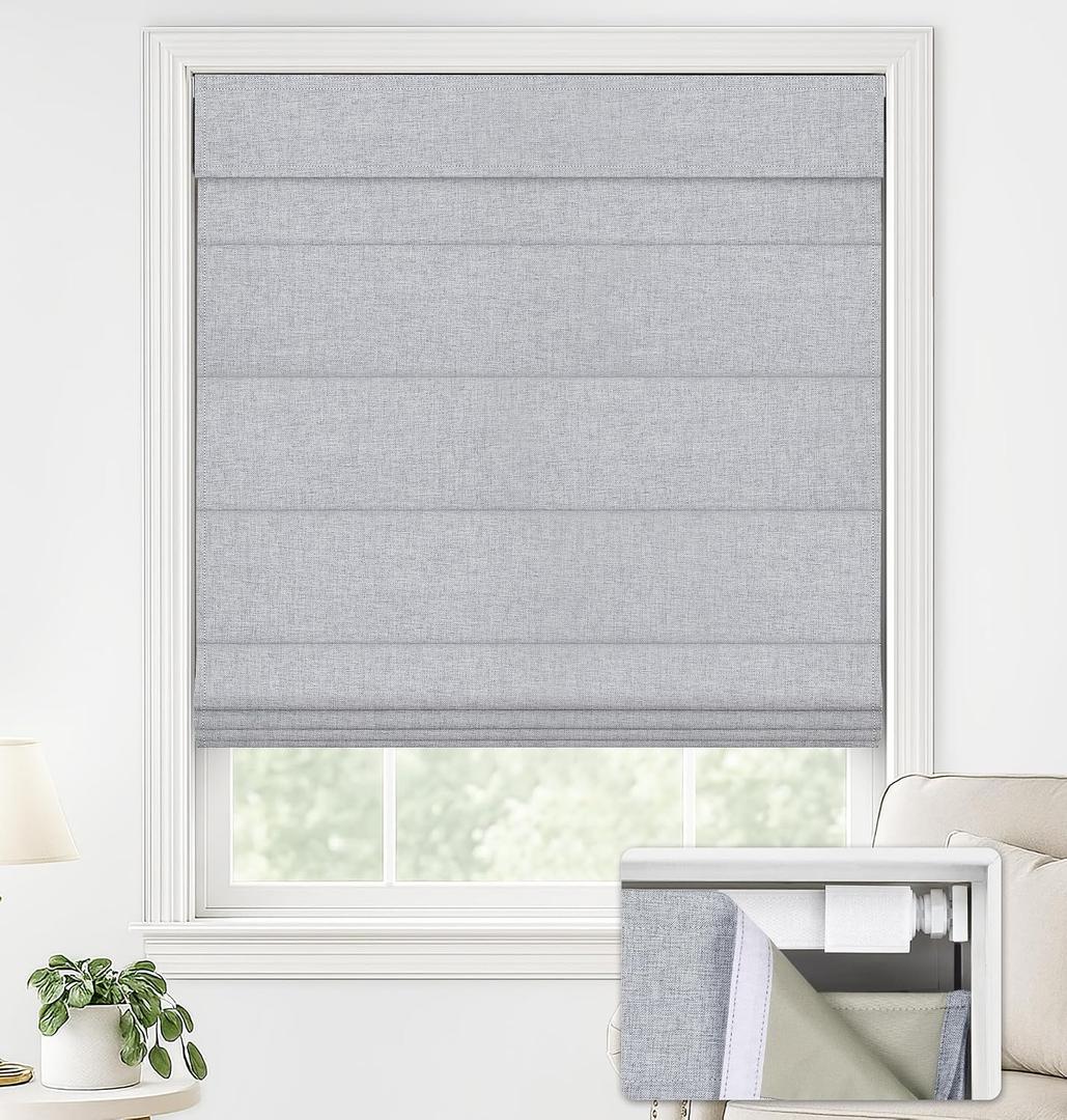 LazBlinds No Drill Roman Shades for Windows, Cordless Blackout Window Shades with UV Protection, Polyester Fabric for Bedroom & Living Room, 24" W x 64" H, Grey