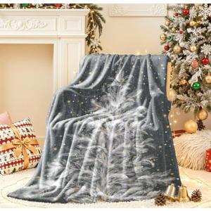 Lahome Christmas Blanket, Christmas Decorations Gifts for Women, Flannel Fleece Winter Holiday Blanket, Fluffy Cozy Soft Christams Throws for Couch Sofa Bed, ChristamsTree Pattern, Gray, 50" X 60"