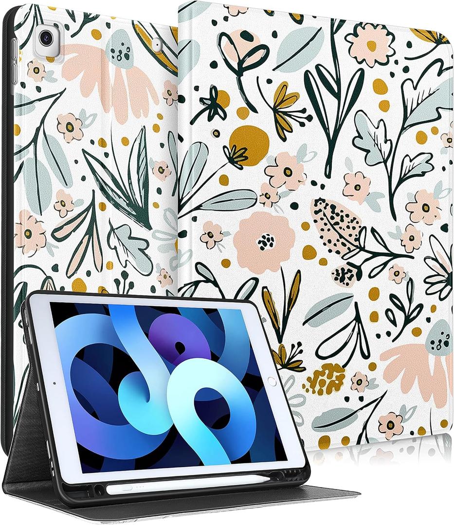 for iPad 9th/8th/7th Generation Case 10.2 Inch Girls Cute Women Folio Smart Cover Pencil Holder Flowers Floral Aesthetic Design Girly Teens Unique Cases for iPad 7/8/9 Gen A2602 A2270 A2197
