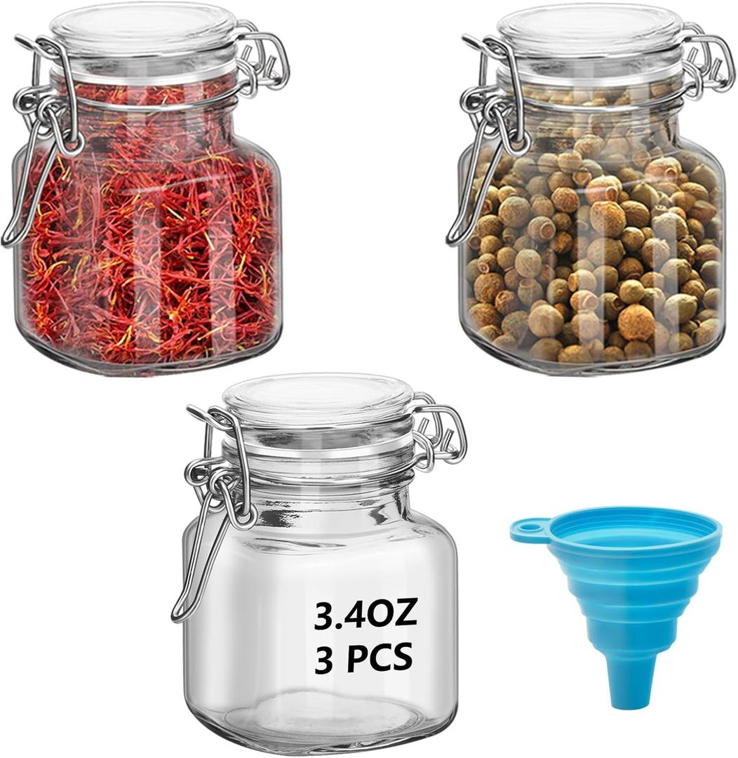 3Pcs 3.4oz Small Airtight Glass Spice Jars with Lids & Clip Top, Small Glass Mason Jars Square Bottles, Herb Jars, Mason Jars, Seasoning Containers (3)