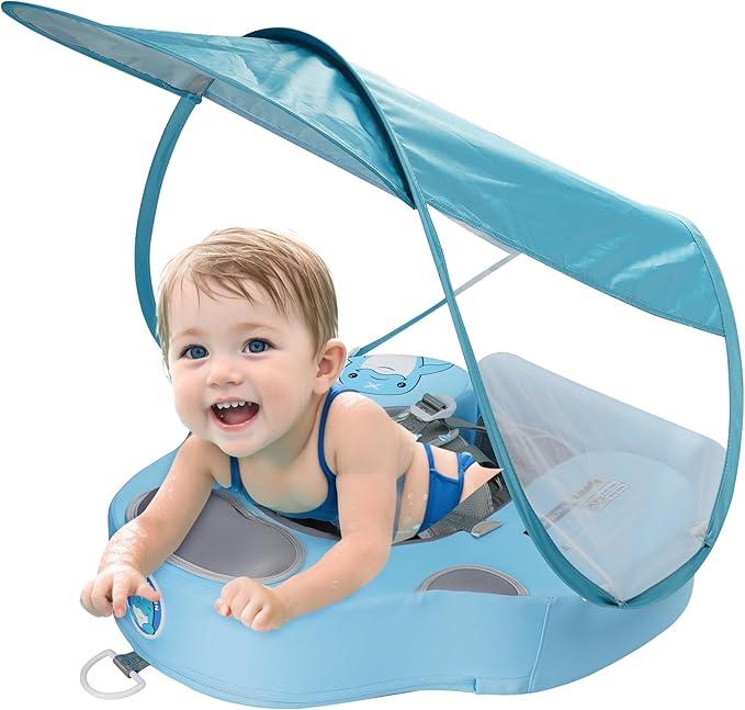 Baby Swim Float with UV Protection Sunshade Infant Pool Float Add Tail for 3-24 Months (Blue)