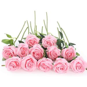 Laelfe 12 PCS Artificial Flowers Pink Roses Fake Silk Flowers Long Stem Artificial Roses for Home Wedding Decorations (Pink)