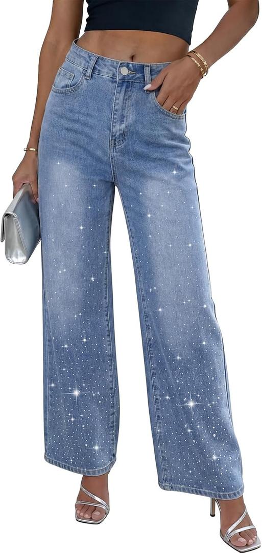 Rhinestone Jeans for Women High Waisted Wide Leg Baggy Y2K Sparkly Denim Pants for Country Concert Festival Night Out Party, Large