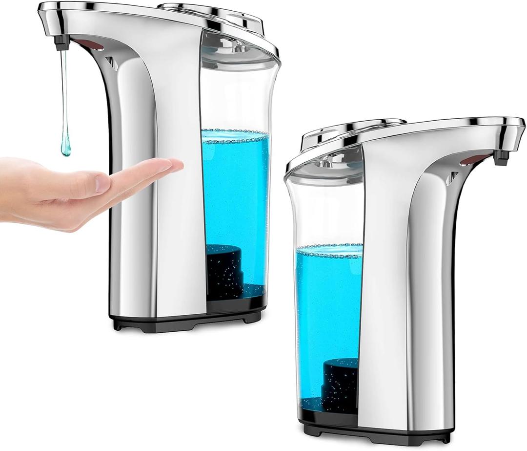Automatic Soap Dispenser Touchless 17oz/500ml, Set of 2 Pack Liquid Soap Dispenser, Battery Countertop Dispensers with 5 Adjustable Levels, Bathroom Lotion Dispensers over Sink, Silvery