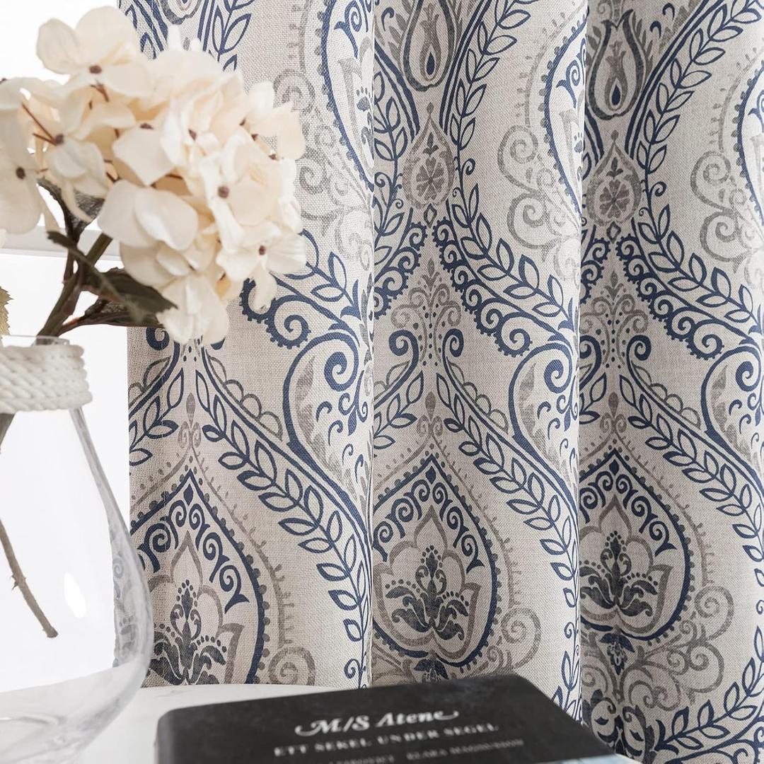jinchan Linen Textured Curtains for Living Room Darkening 63 Inch Length, Medallion Drapes for Bedroom, Damask Pattern Window Treatments Vintage Curtain Panels, 2 Panels Blue on Greige (52"W x 63"L (Pack of 2), B | Blue 50% Blackout)