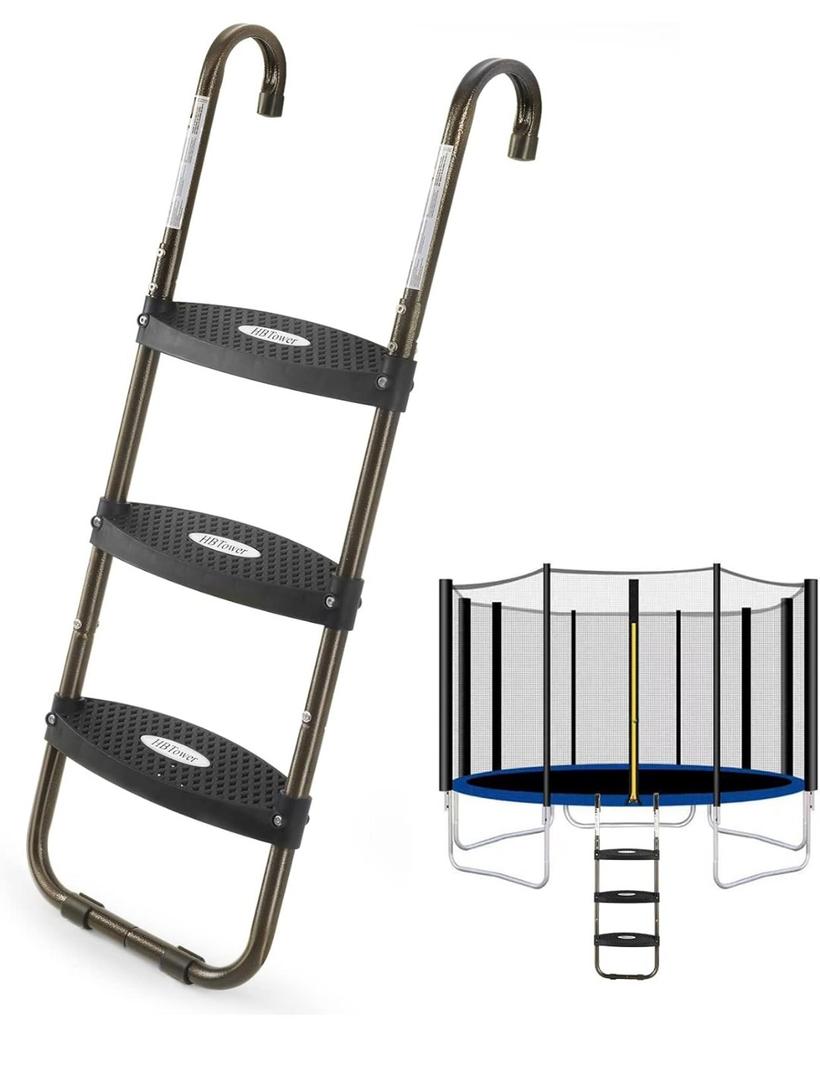 HBTower Trampoline Ladder, 3-Step Trampoline Steps with Horizontal Wide Steps, Skid-Proof Steps Universal Hook, UV Treated Steel, 220Lbs Capacity Trampoline Stairs Accessories for Kids/Children