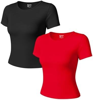 OQQ Women Short Sleeve 2 Piece T-Shirts Crew Neck Fitted Basic Tee 2025 Summer Crop Top Black Red, S