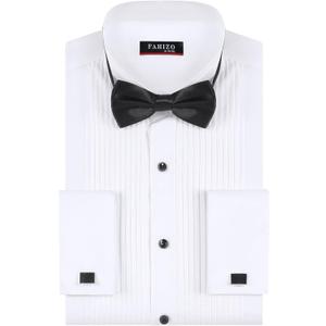 FAHIZO Men's White Tuxedo Shirt with Wing Collar, French Cuffs & Accessories (Medium)
